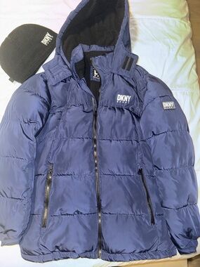 DKNY Navy Quilted Puffer Jacket with Hood